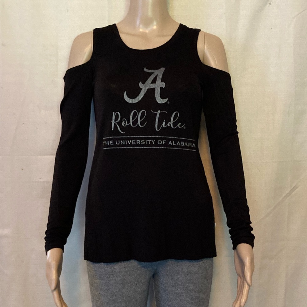 🏈🏈Alabama Spirit Tee with exposed shoulders. Black with silver lettering, Sm
